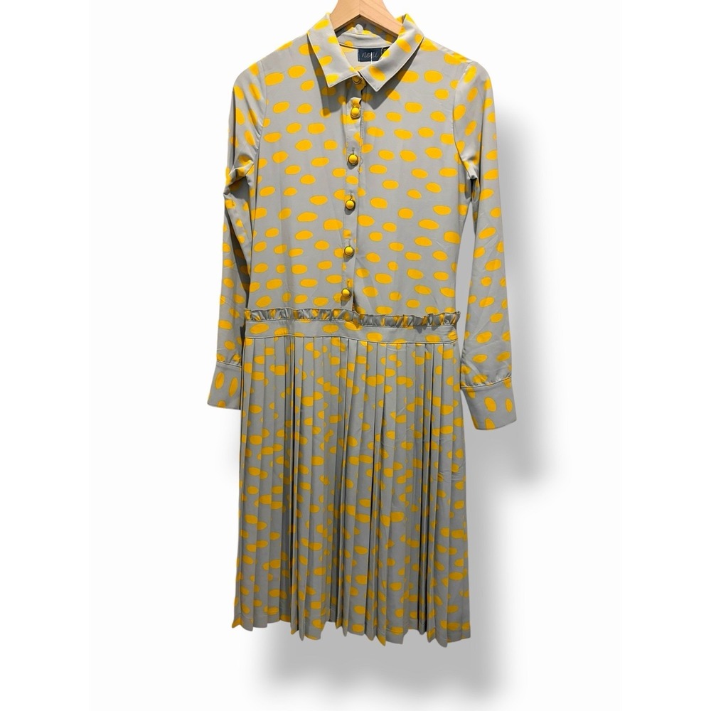 Noni Retro Polka Dot Pleated Midi Dress Gray Yellow Small Tall Vintage Mod